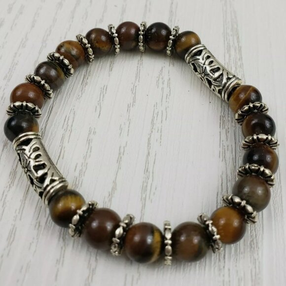 Tigers Eye Stone Bead Stretch Bracelet Silver Tone - Picture 2 of 3